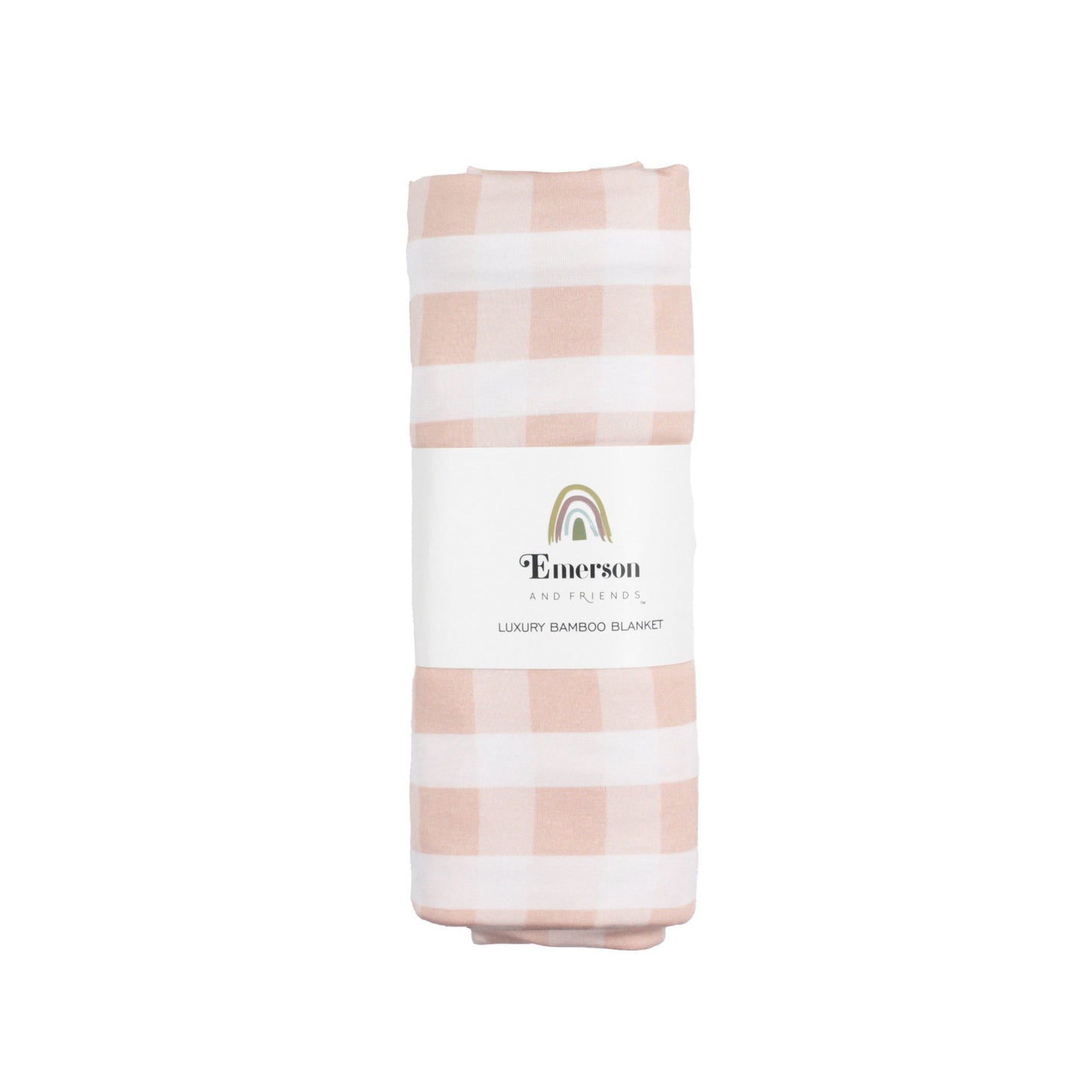 Folded pink and white checkered blanket with 'Emerson' branding on a white background