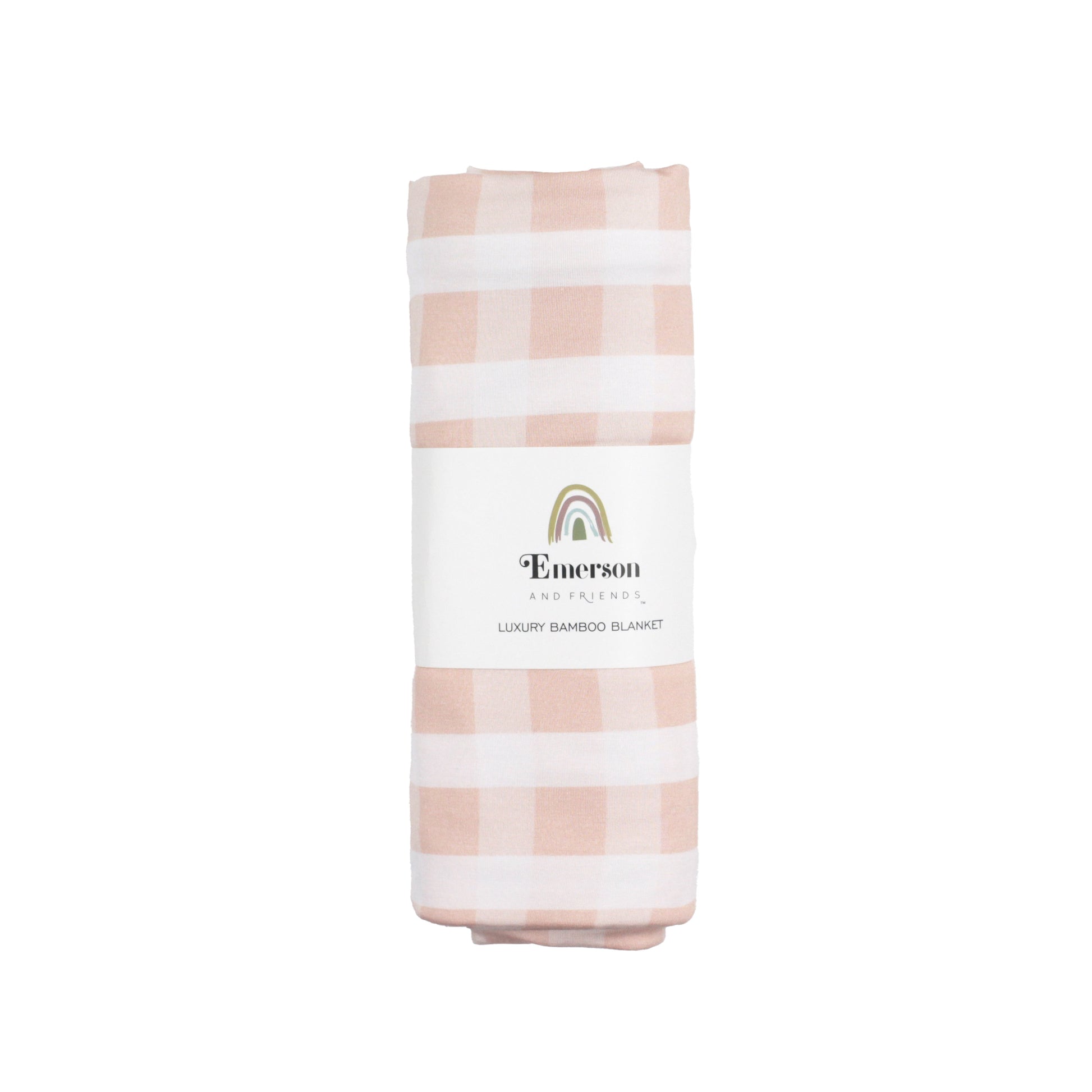 Folded pink and white checkered blanket with 'Emerson' branding on a white background