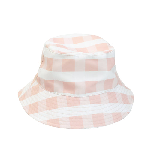 Pink and white checkered bucket hat on a white background