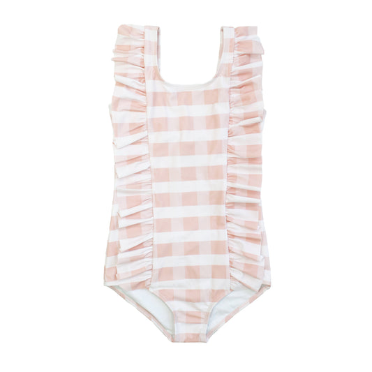 Pink and white striped swimsuit with ruffles on a white background