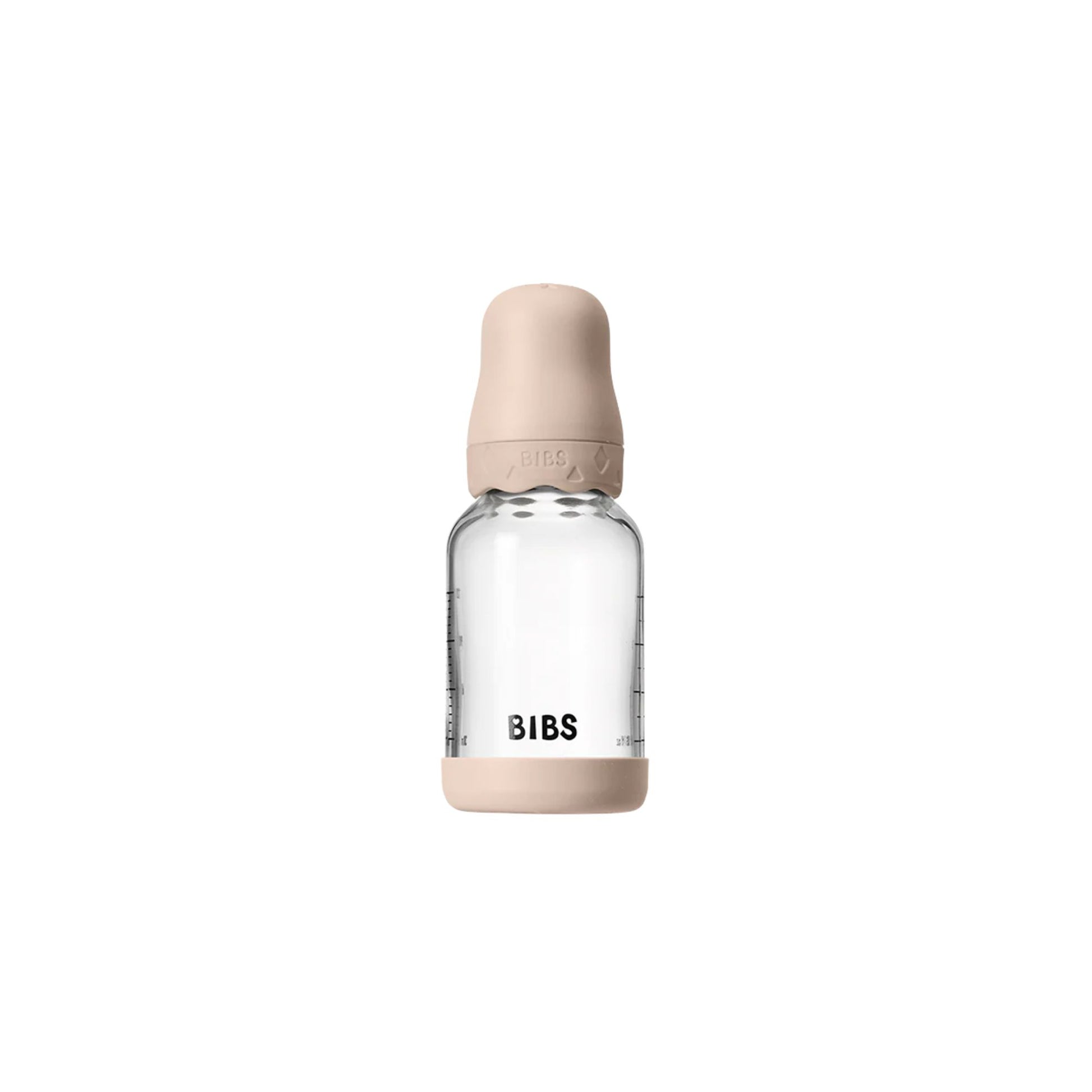 Clear baby bottle with beige cap on a white background, featuring the 'BIBS' brand.