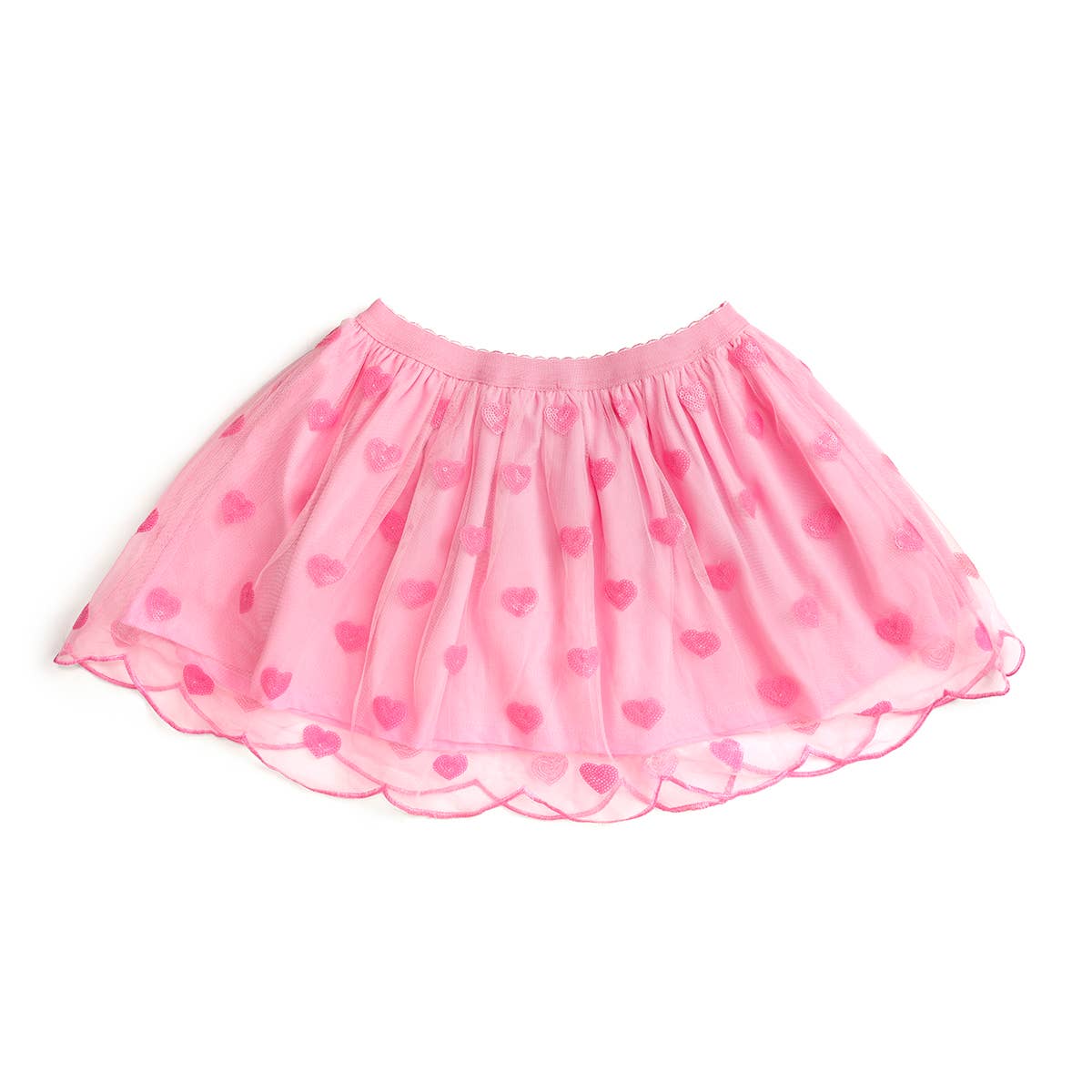 Pink heart sequin tutu skirt with scalloped tulle and elastic waistband.