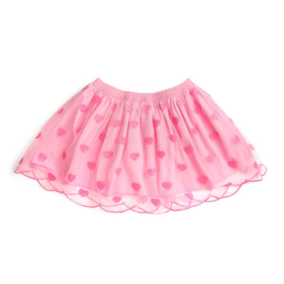 Pink heart sequin tutu skirt with scalloped tulle and elastic waistband.
