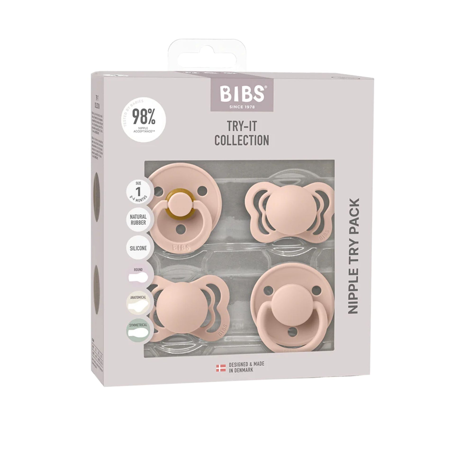 Bibs nipple try pack packaging with pacifiers on a white background