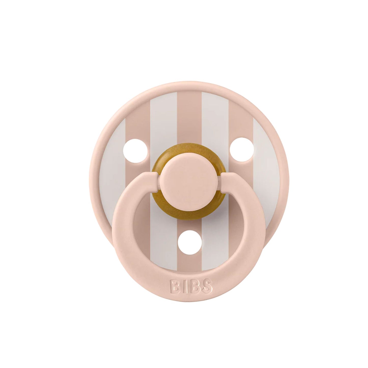 Pink and gold pacifier with striped pattern on a white background