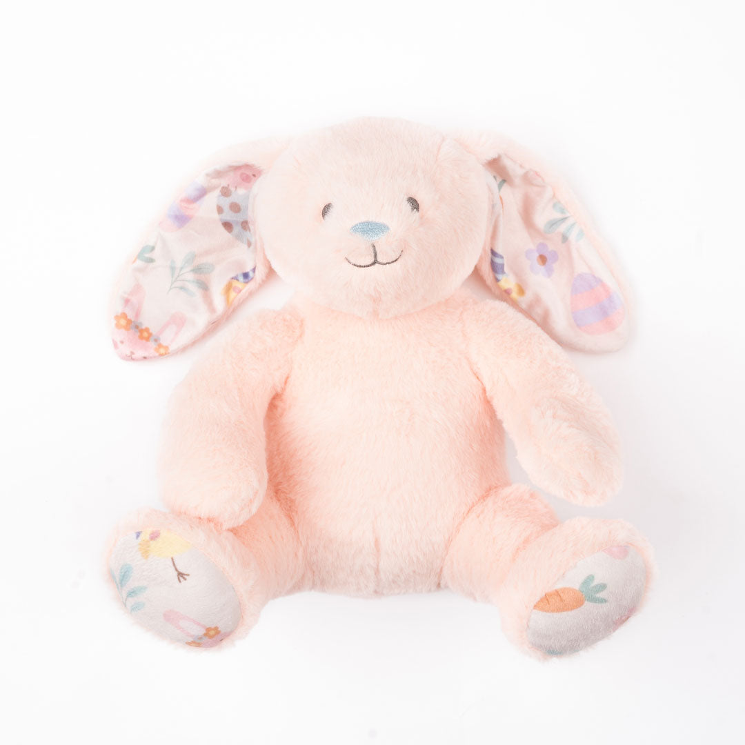 Flat lay pink stuffed bunny on a white background.