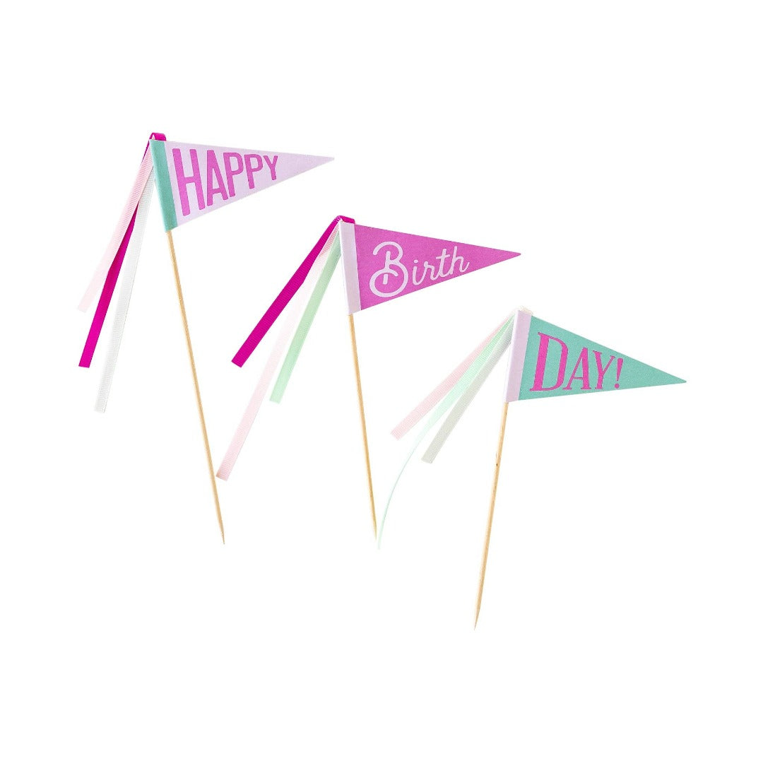 happy birthday cake toppers, teal and pink
