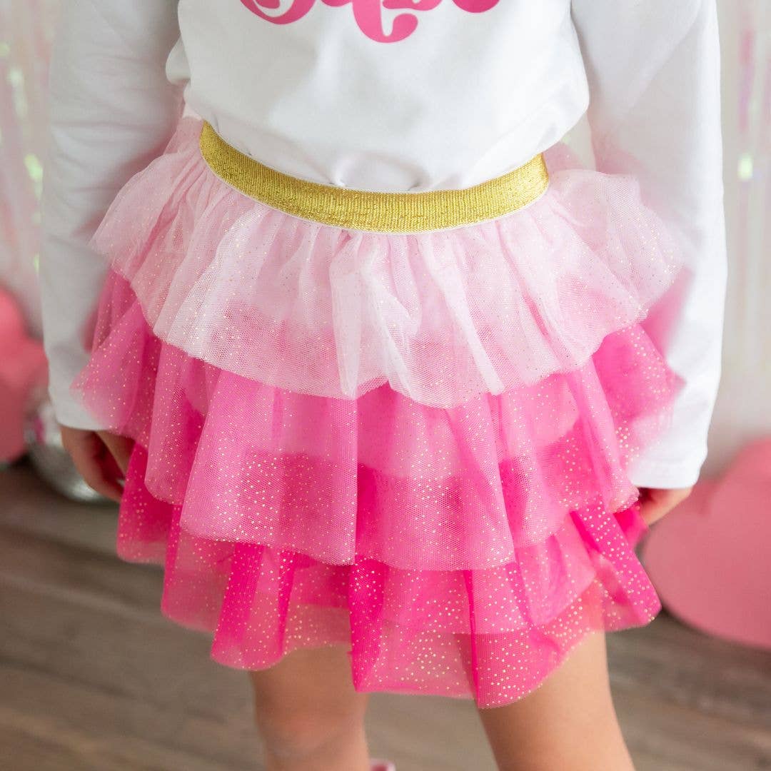 3 layer tulle tutu with 3 different shades of pink and a gold waistband 