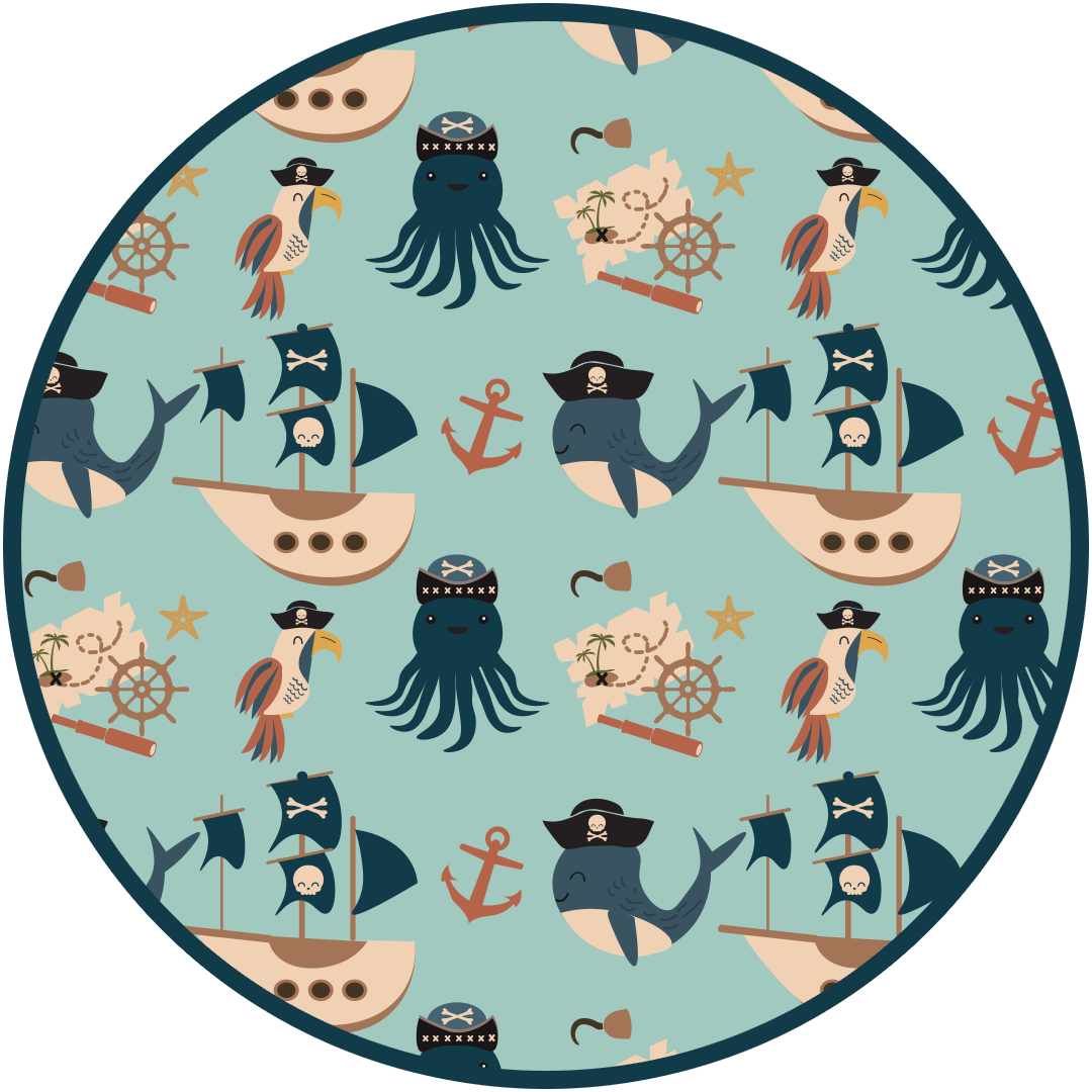 the "pirate's life" print is a mix of octopus, whales, and seagulls all wearing pirate hats. there are also anchors, pirate ships, treasure maps, and starfish mixed into the pattern. this is all displayed on a teal background. 