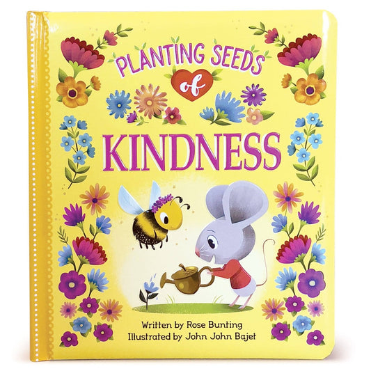 a mouse and a bee watering flowers (book cover)