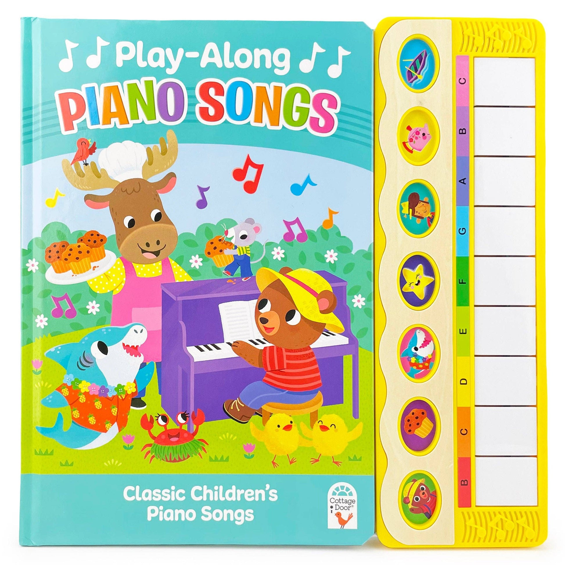 Children's book titled 'Play-Along Piano Songs' with colorful illustrations and piano keys on the side.