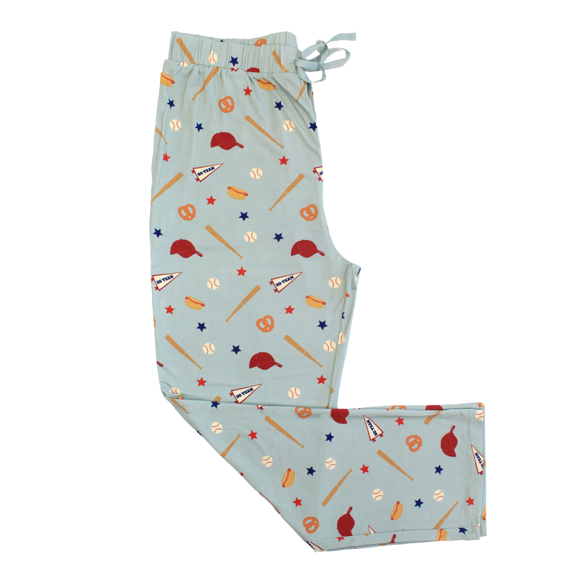 Light blue pajama pants with sports-themed pattern on a white background