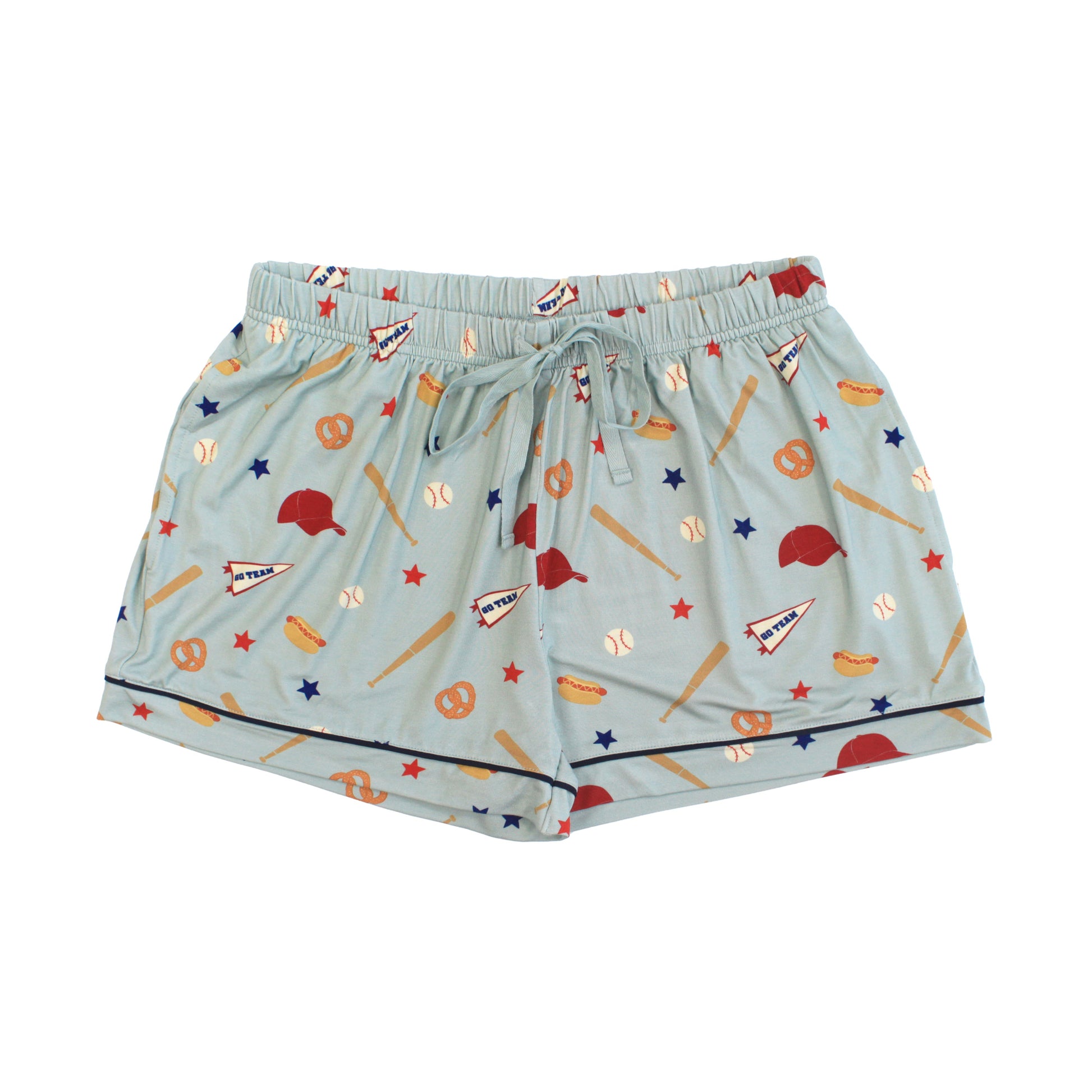 Light blue shorts with sports-themed pattern on a white background