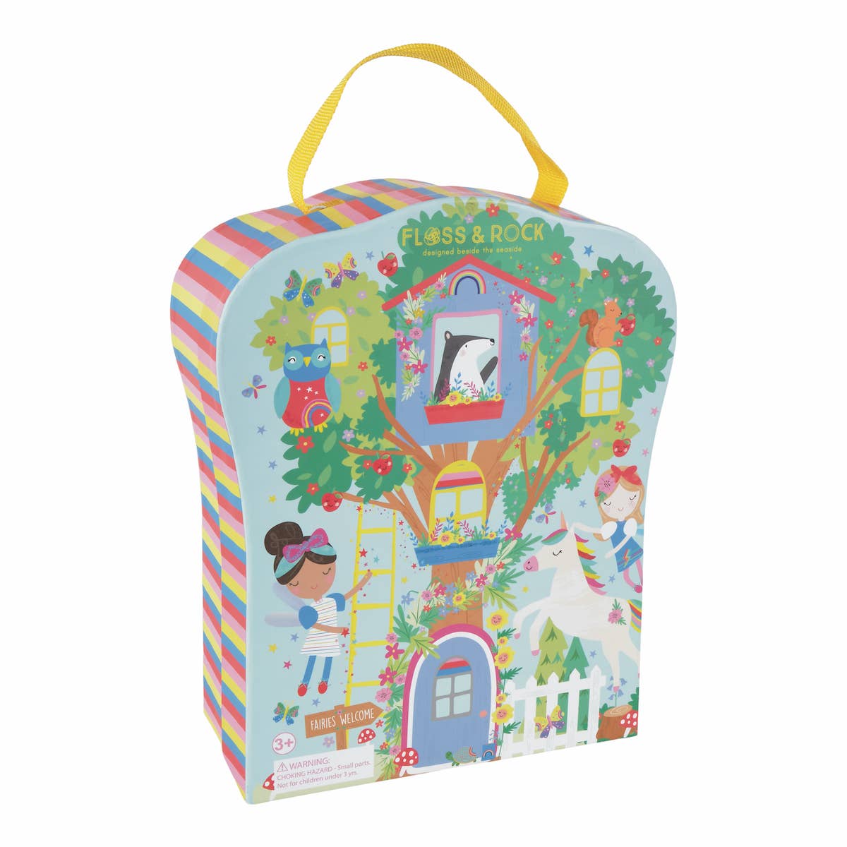 Colorful toy box with cartoon characters and a treehouse design on a white background