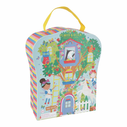 Colorful toy box with cartoon characters and a treehouse design on a white background