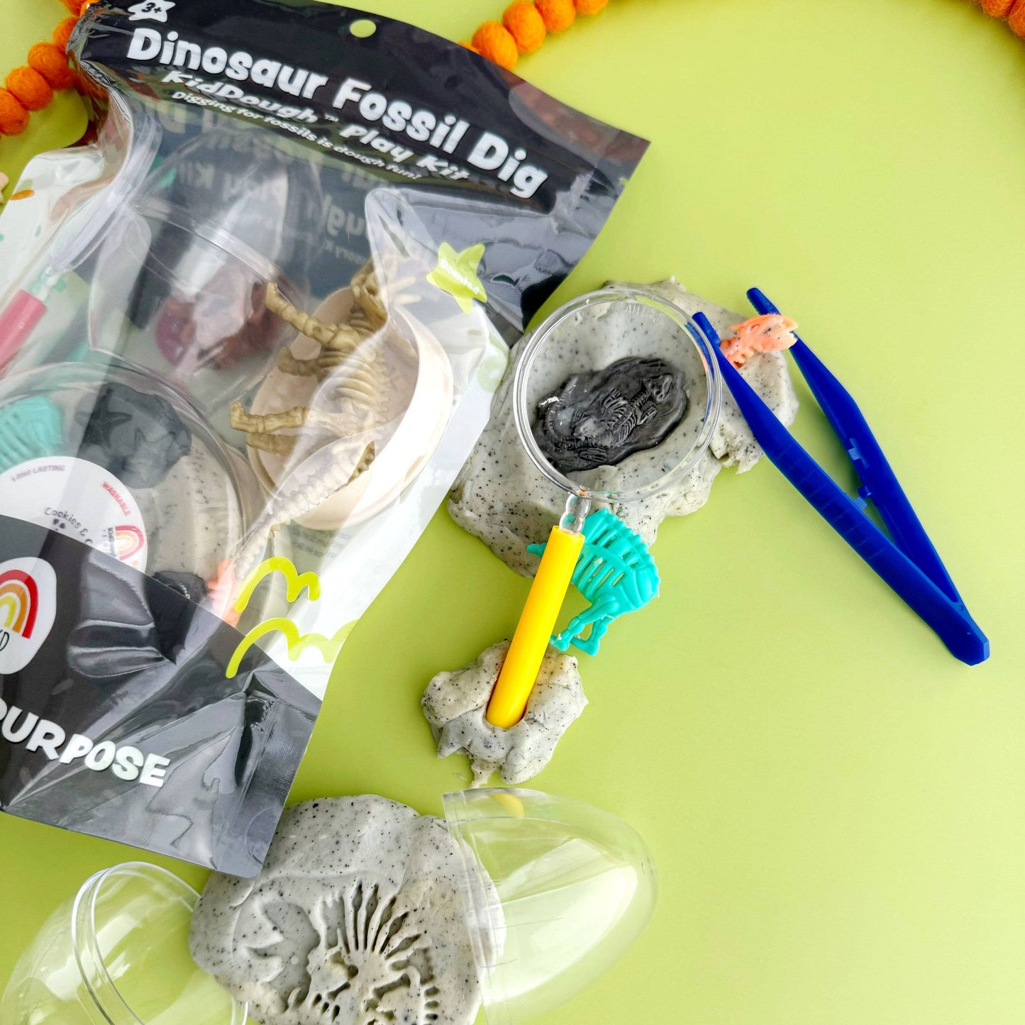 Dinosaur fossil dig kit with tools on a green background