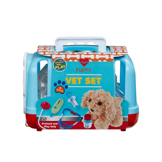 Blue and red container for puppy veterinarian toys