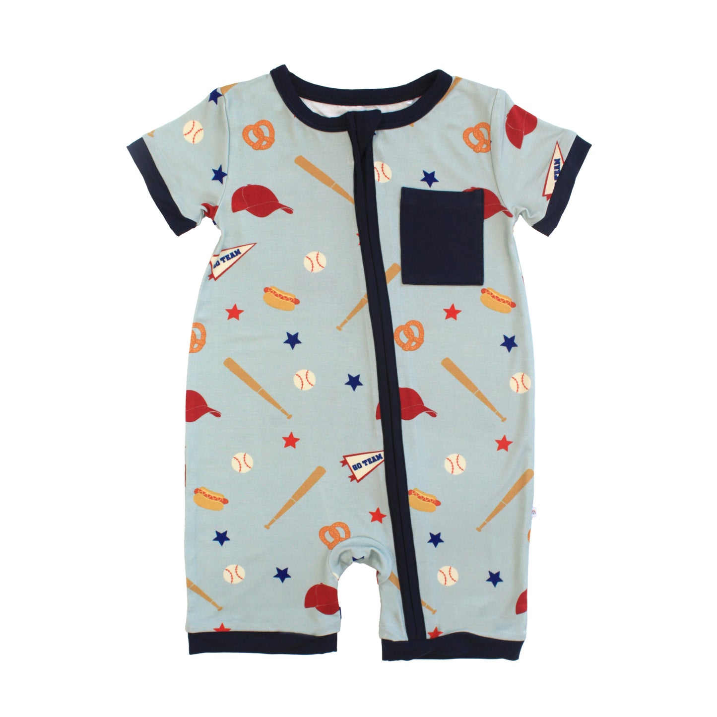 Baby romper with sports-themed pattern on a white background