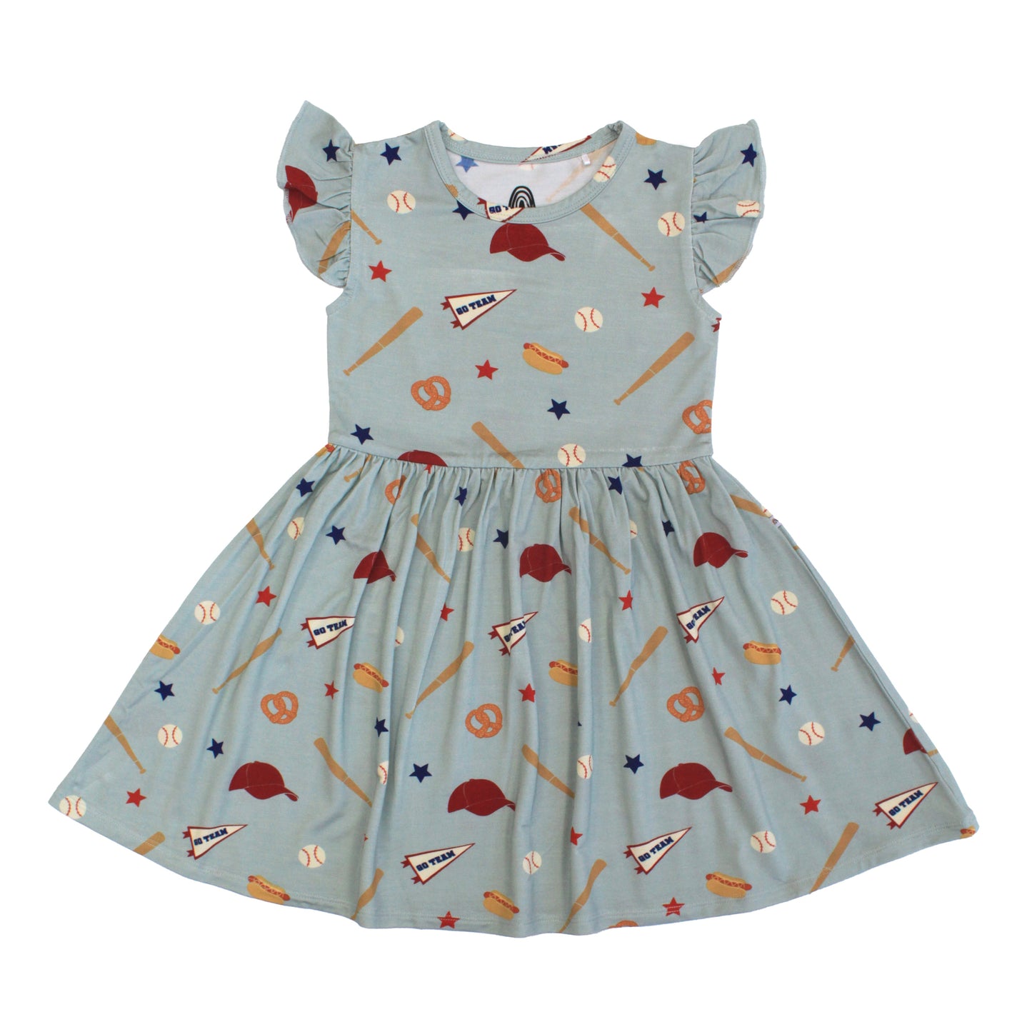 Children's dress with sports-themed pattern on a light blue background