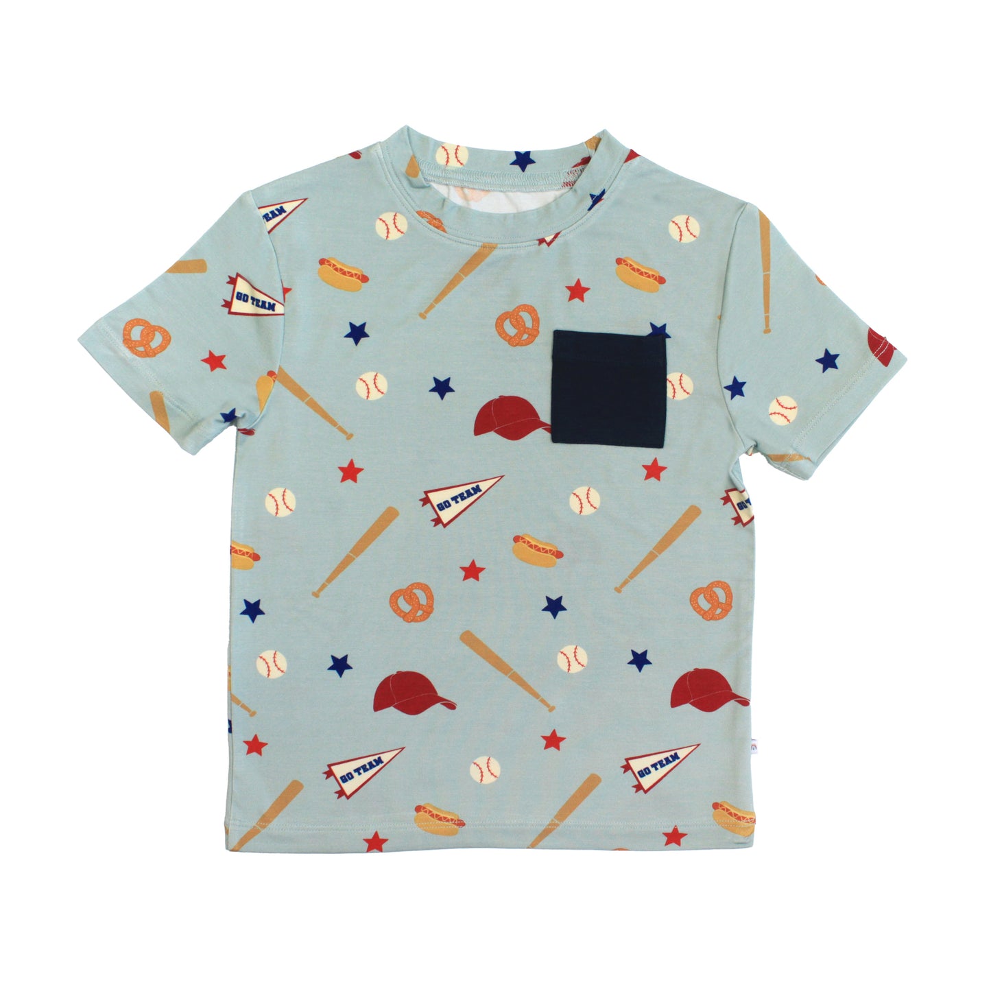 Children's t-shirt with sports-themed pattern on a light blue background