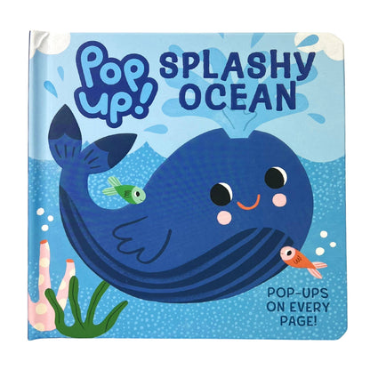 Children's book titled 'Splashy Ocean' with a whale illustration on a blue background.