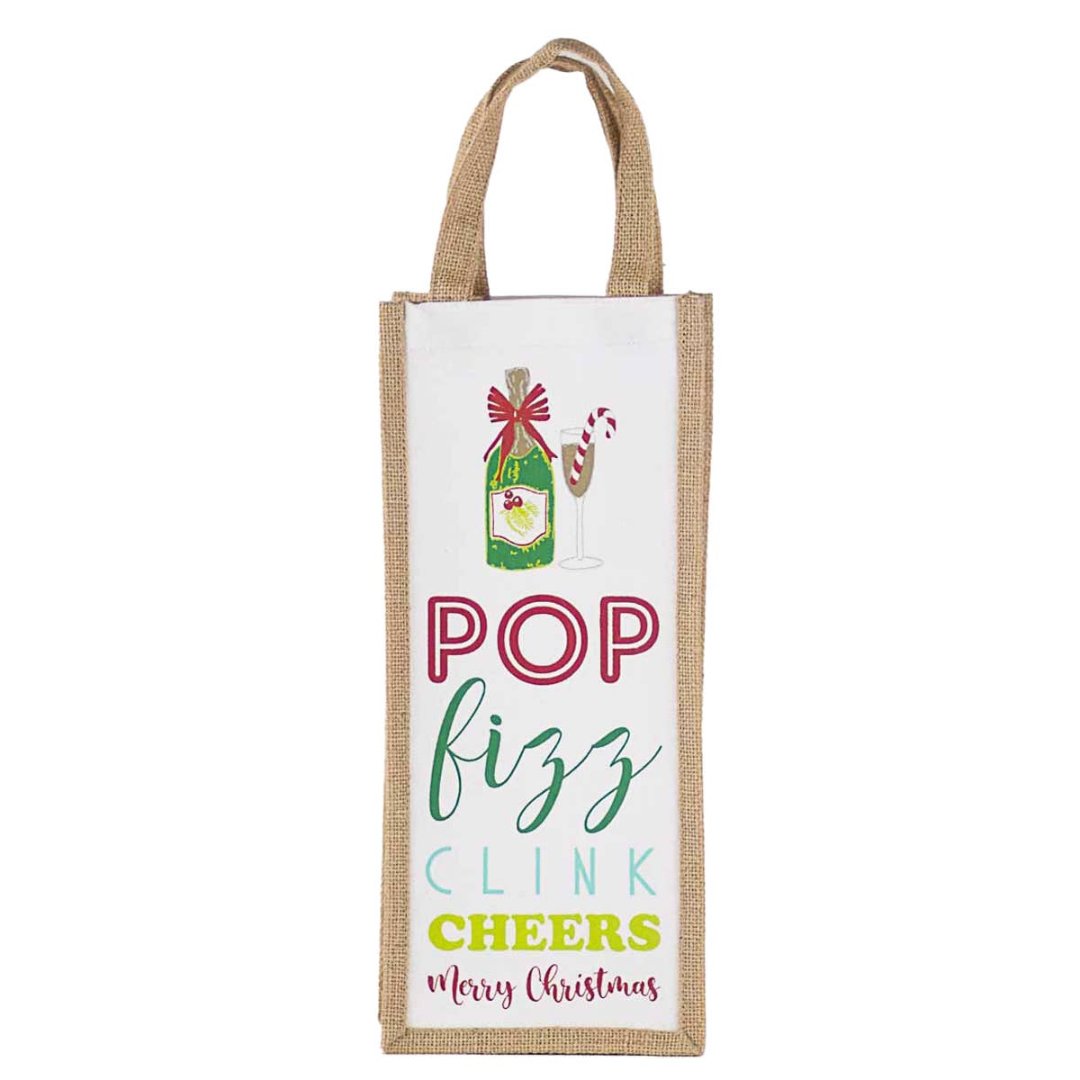 Reusable wine tote that says Pop, fizz, clink, cheers, Merry Christmas