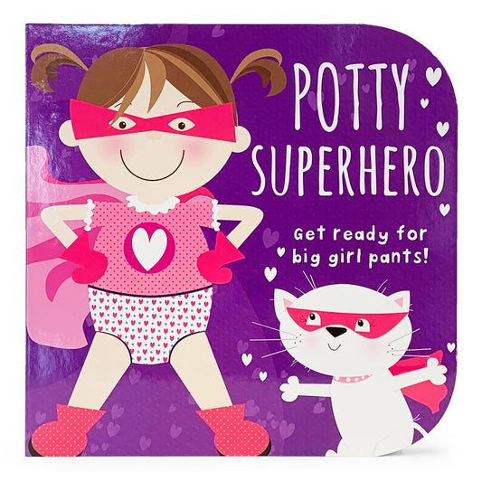 a potty training book with a girl superhero and her cat on the cover