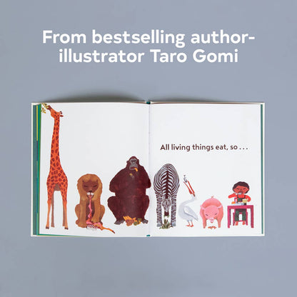 Open book with illustrations of animals and a child on a gray background, featuring Taro Gomi's name.
