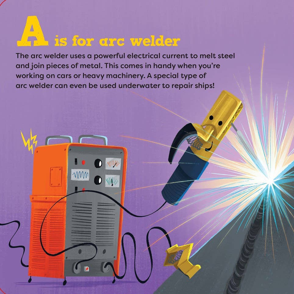 Illustrations of an arc welder and a band saw with text explaining their functions.