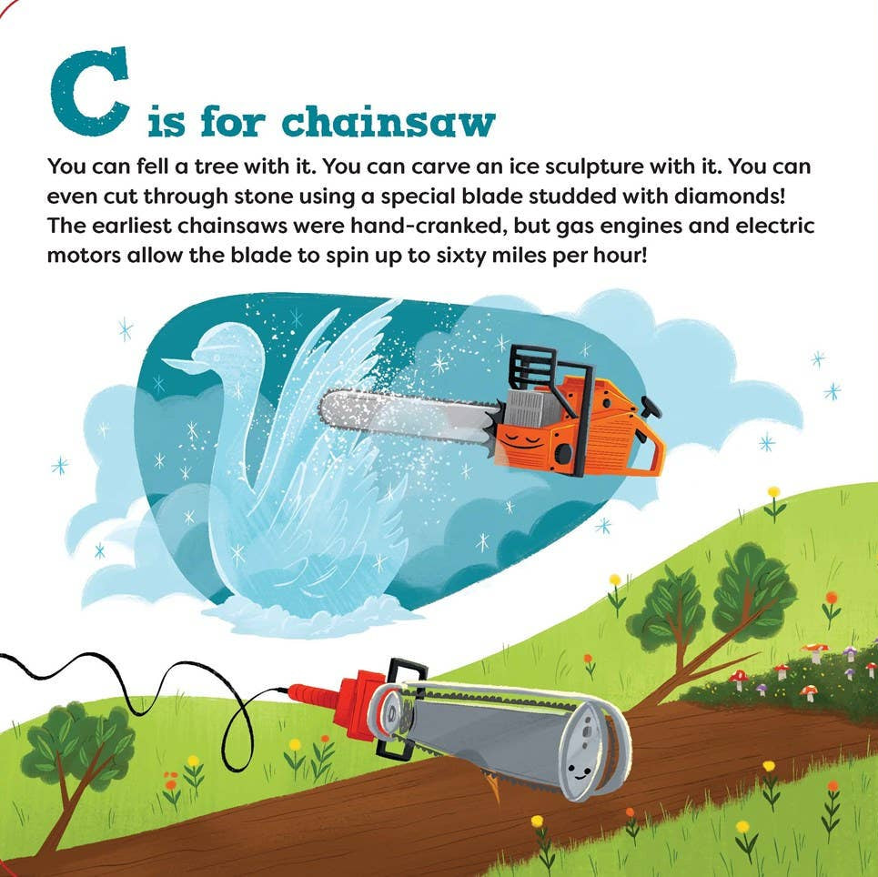Illustrations of a chainsaw and drill with educational text on a colorful background
