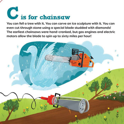 Illustrations of a chainsaw and drill with educational text on a colorful background