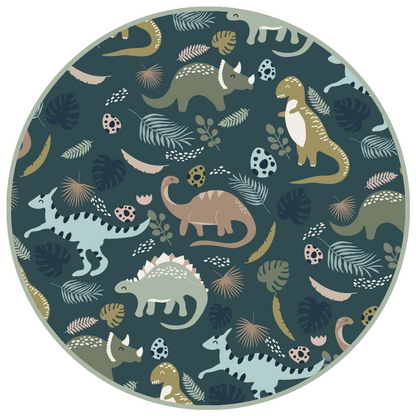 the "prehistoric friends" print is a mix of cute dinosaurs, eggs, and branches, all scattered on a dark green background.
