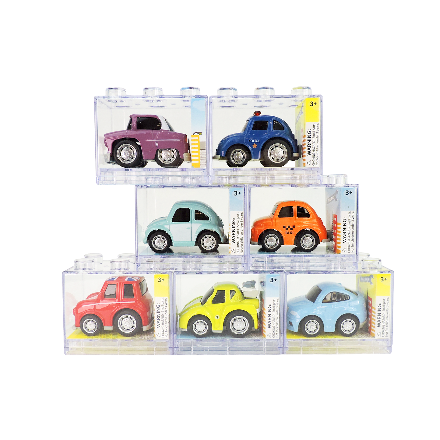 Set of toy cars in clear packaging on a white background
