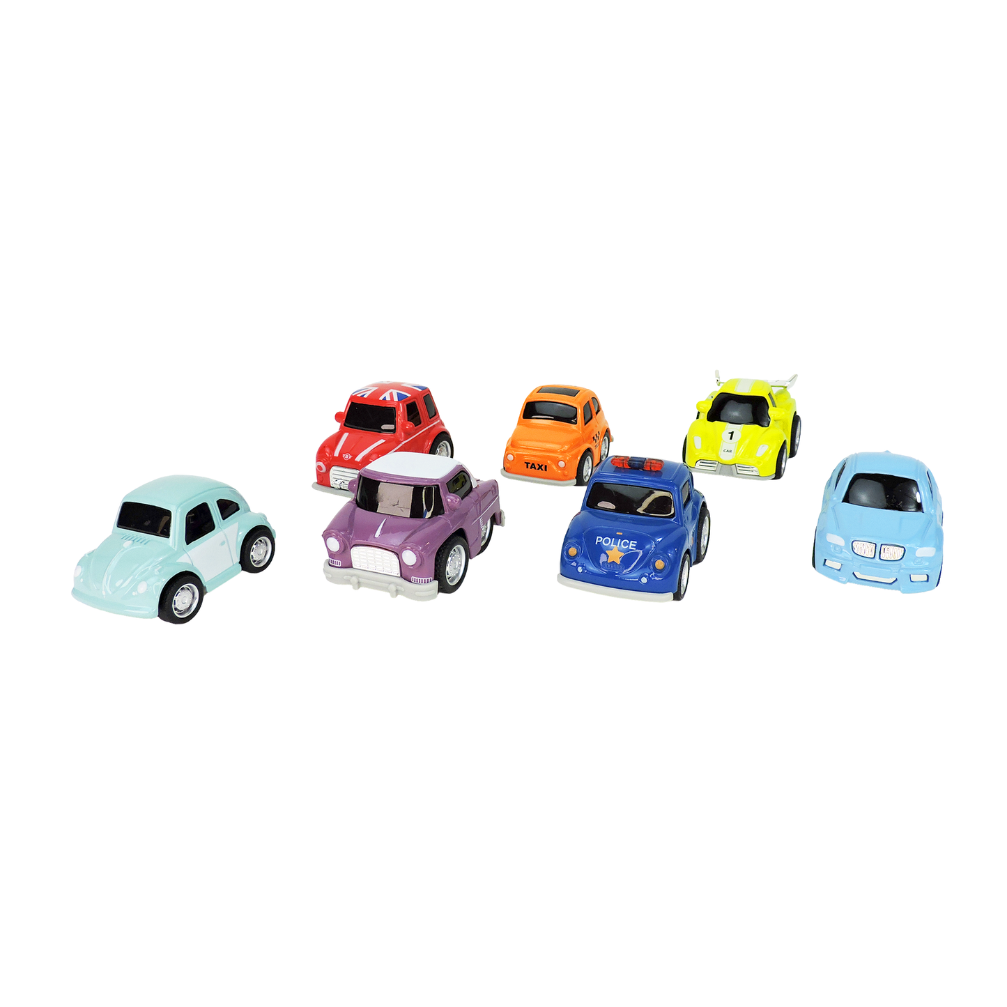 Set of colorful toy cars on a white background