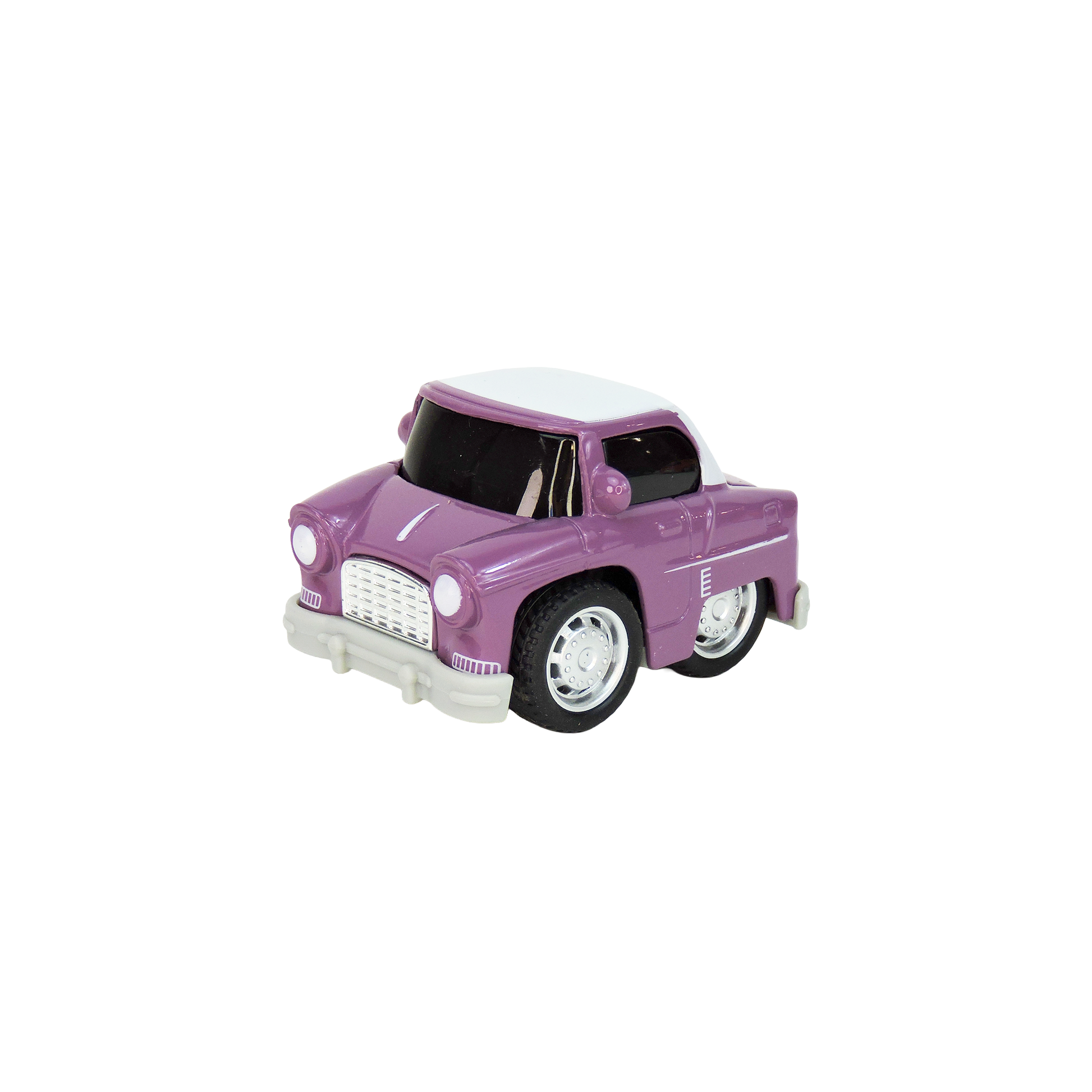 Toy car with a purple body and white roof on a white background