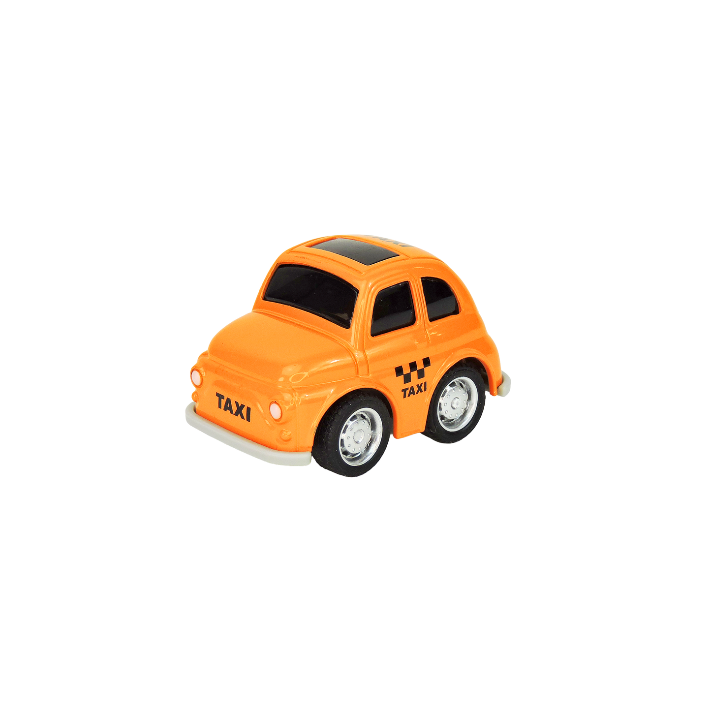Orange toy taxi car on a white background