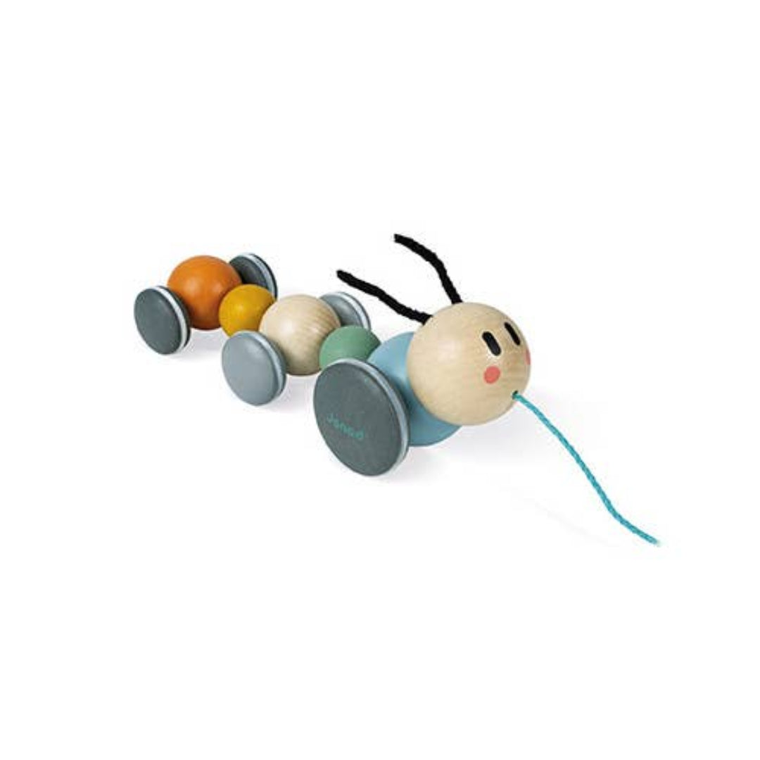 wooden caterpillar pull along toy with multiple colors on its body