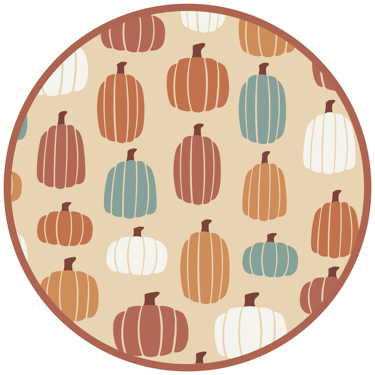 the 'pumpkin patch" print is a mix of boho styled and colored pumpkins. you can see white, blue, orange, and red pumpkins in.different shapes and sizes. this is all on a pastel orange background. 