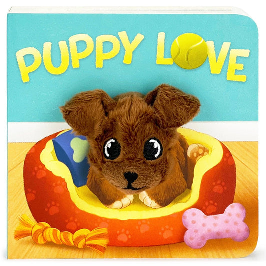 Brown dog finger puppet on a multi-colored board book with dog toys