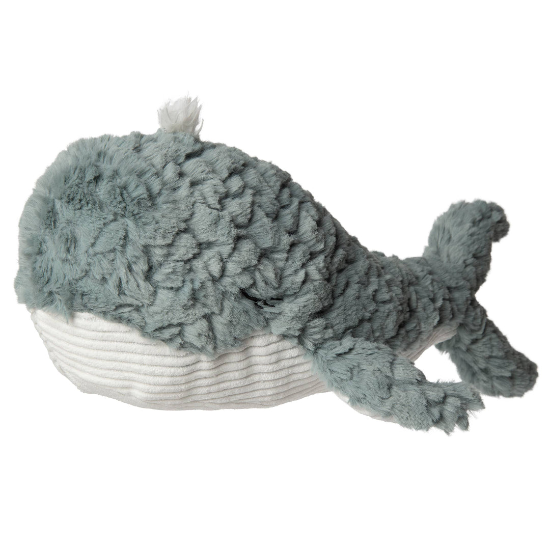 blue stuffed whale with a white tummy