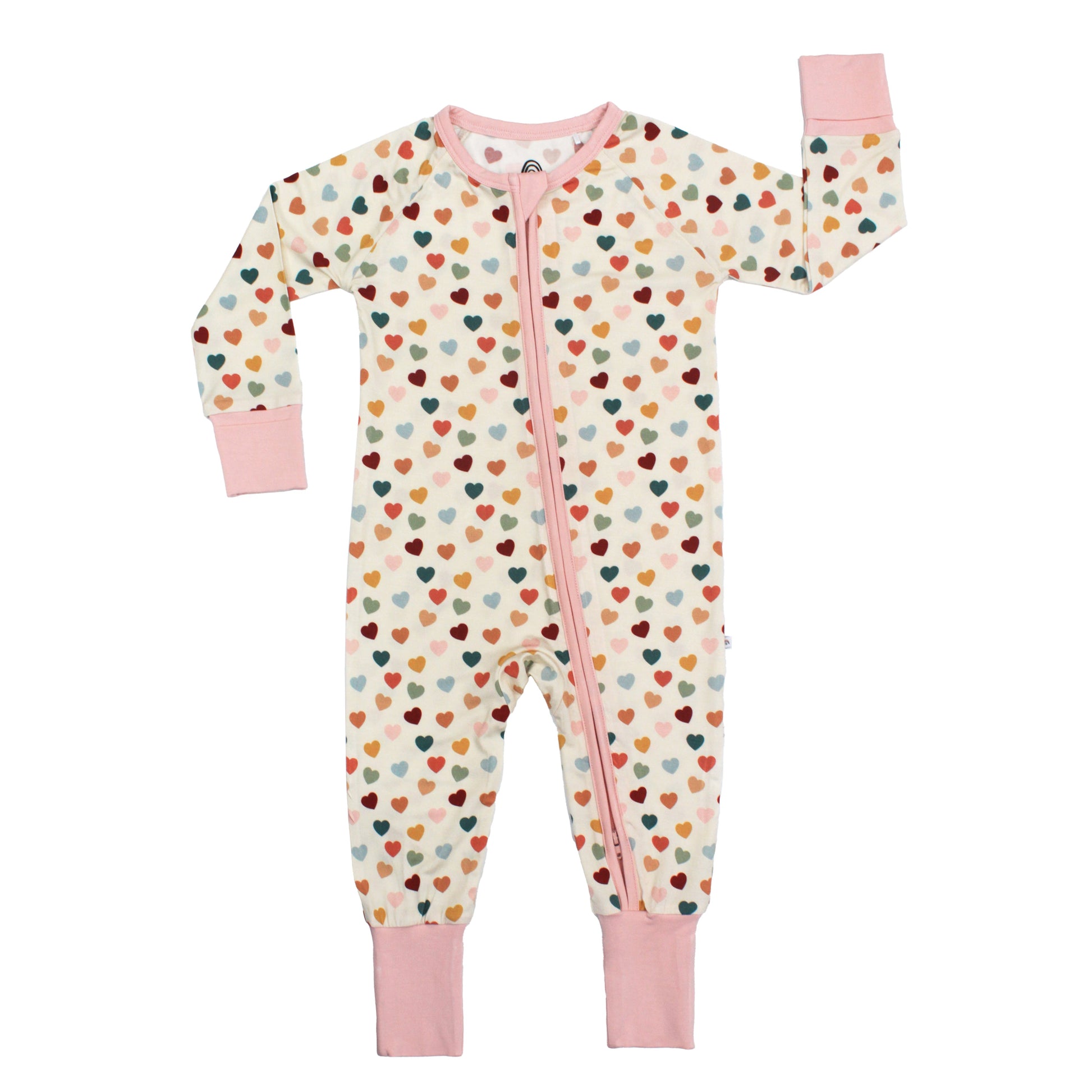 Rainbow Hearts bamboo convertible footie romper with soft breathable fabric.