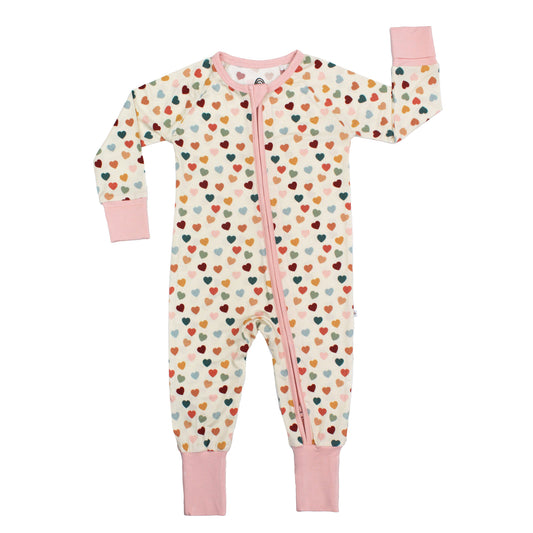 Rainbow Hearts bamboo convertible footie romper with soft breathable fabric.