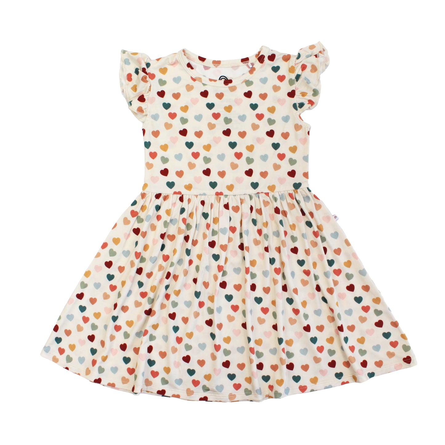 Rainbow Hearts bamboo short sleeve twirl dress with soft breathable fabric.