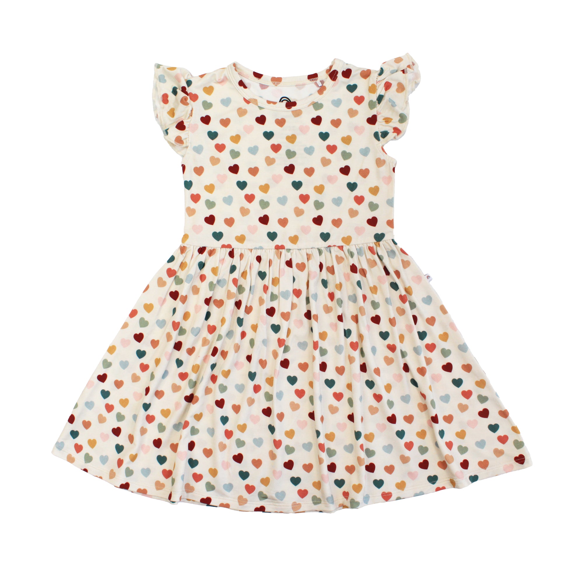Rainbow Hearts bamboo short sleeve twirl dress with soft breathable fabric.
