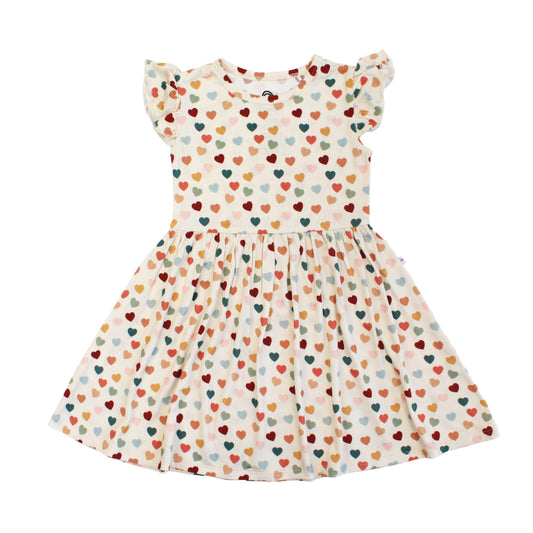 Rainbow Hearts bamboo short sleeve twirl dress with soft breathable fabric.