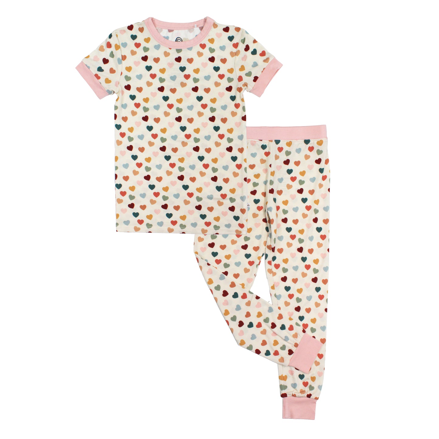 Rainbow Hearts kids bamboo two-piece short sleeve pajama pants set.