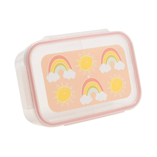 bento lunch box thats pink with rainbows and sunshines on the lid