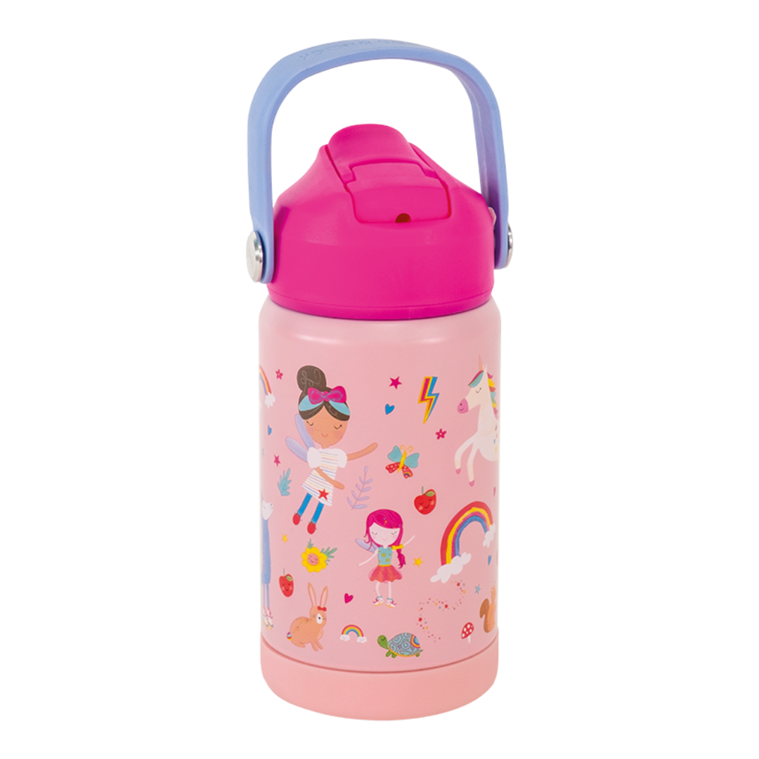 pink fairy tale drink bottle with rainbows and unicorns and other mystical creatures