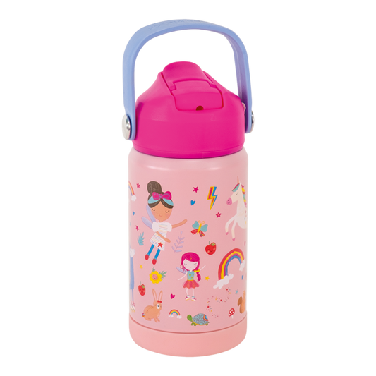 pink fairy tale drink bottle with rainbows and unicorns and other mystical creatures