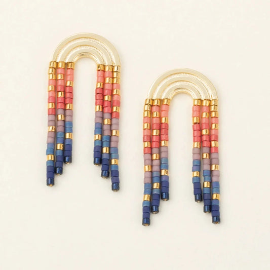 Gold earrings with rainbow colored fringe beads